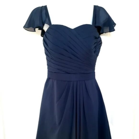 NAVY Blue Chiffon A-line Cap Sleeves Knee Length evening Dress - Picture 7 of 9